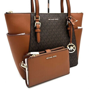 Michael Kors Large Charlotte Tote Bag & Large Double Zip Wallet Brown (NWT)